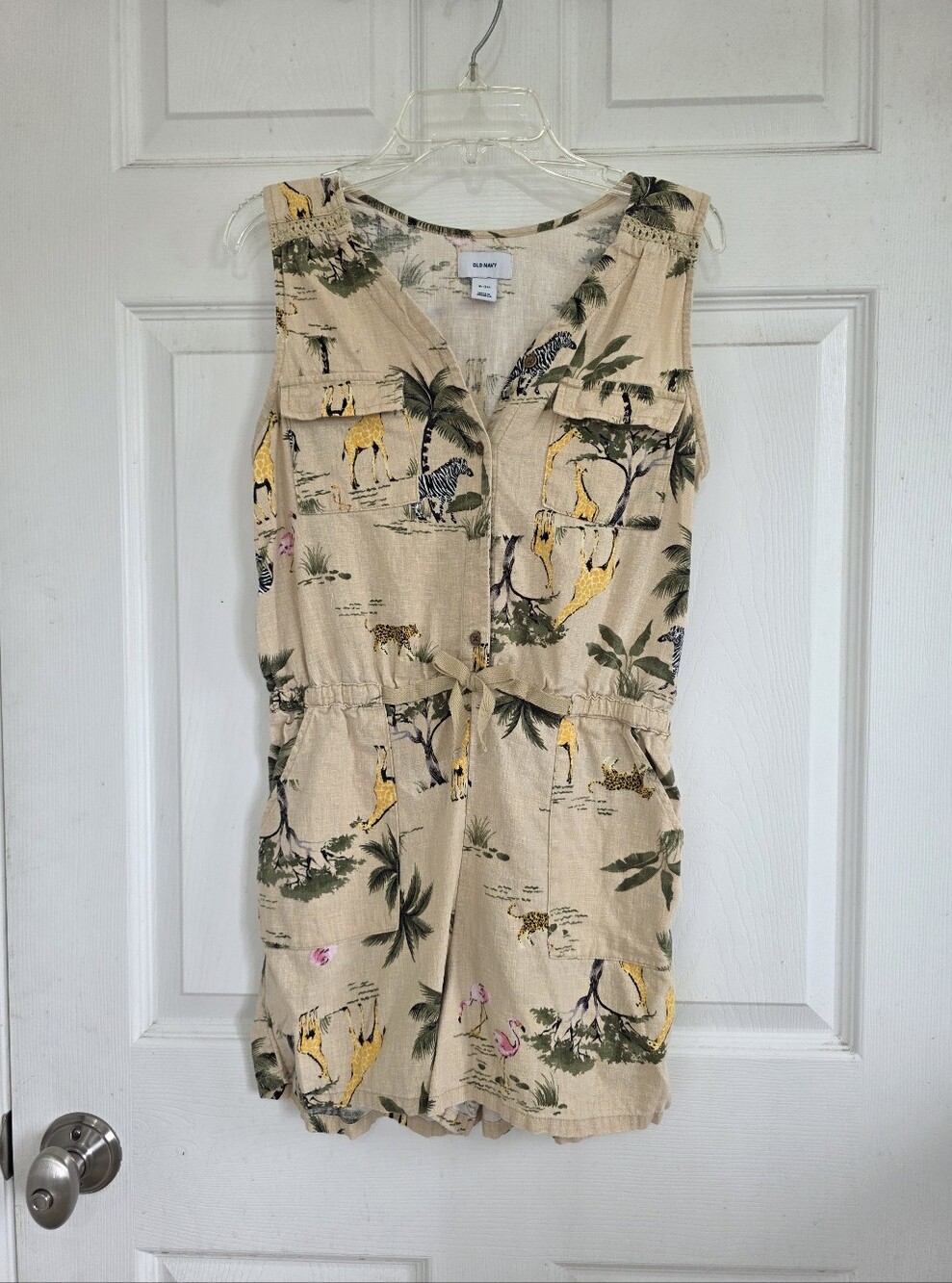 Old Navy Beige Jungle Print Sleeveless Romper with Yellow Accents.